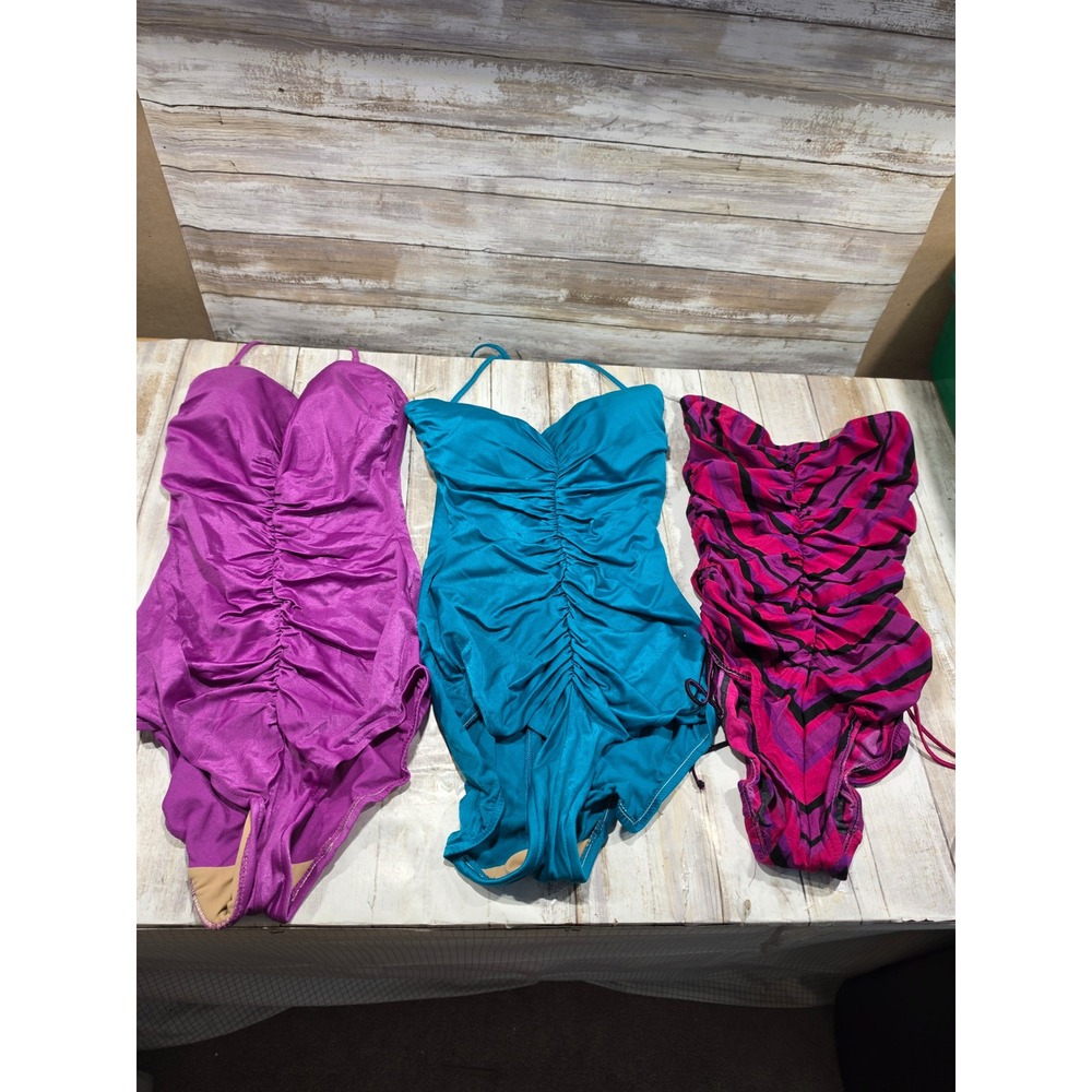 3 Vintage Cole of California Ruched One Piece Swimsuit Purple Teal Striped READ